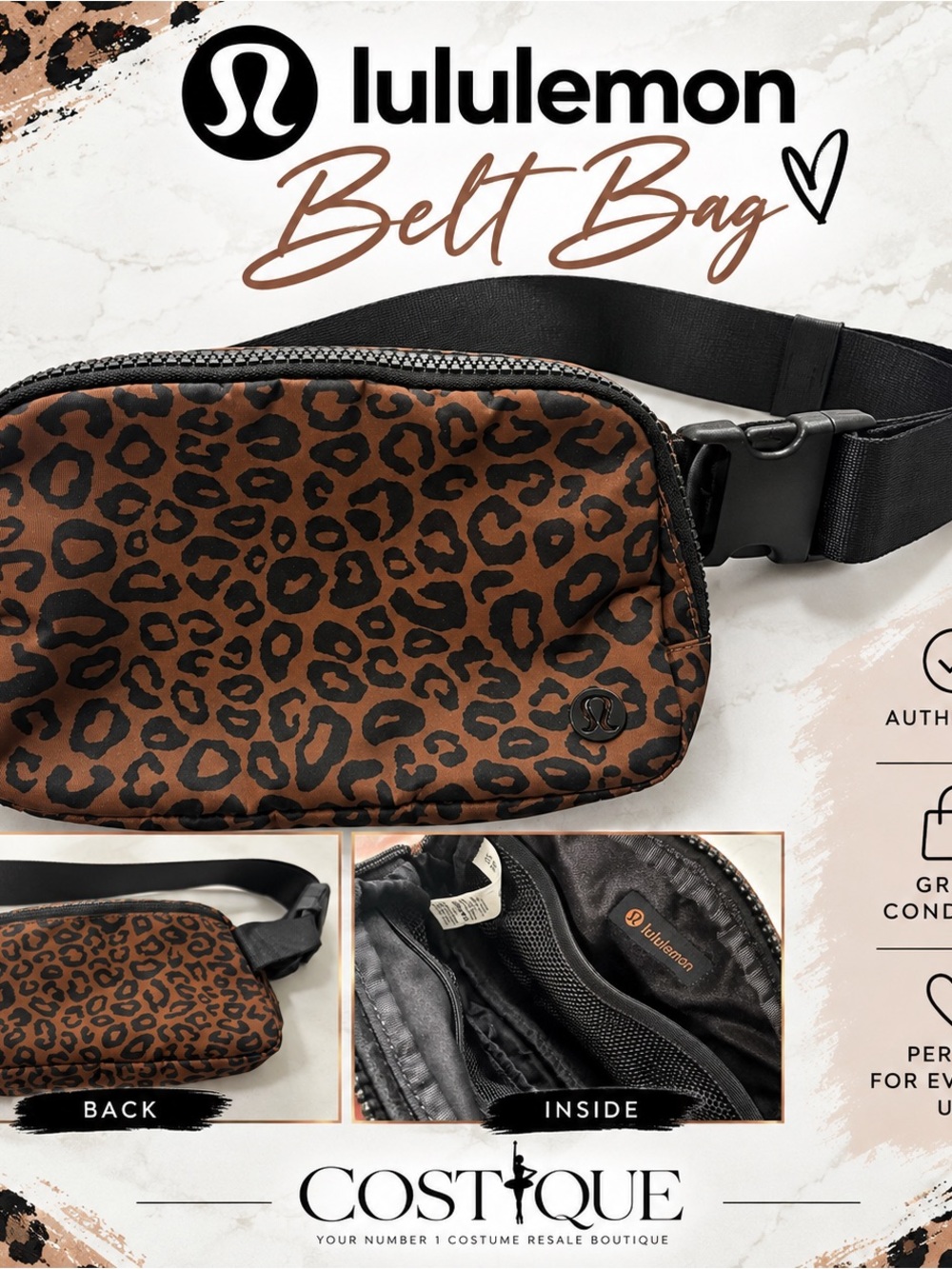 lululemon athletica Brown Leopard Print Belt Bag with Black Strap